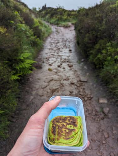 a few sweetcorn and spinach fritters in a clear box, held in a hand with a hiking trail  leading off into the distance